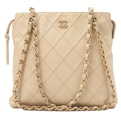 CHANEL Chanel Matelasse Plate Charm Chain Shoulder Caviar Skin Beige Gold-Tone Hardware, Pre-Owned