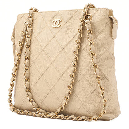 CHANEL Chanel Matelasse Plate Charm Chain Shoulder Caviar Skin Beige Gold-Tone Hardware, Pre-Owned
