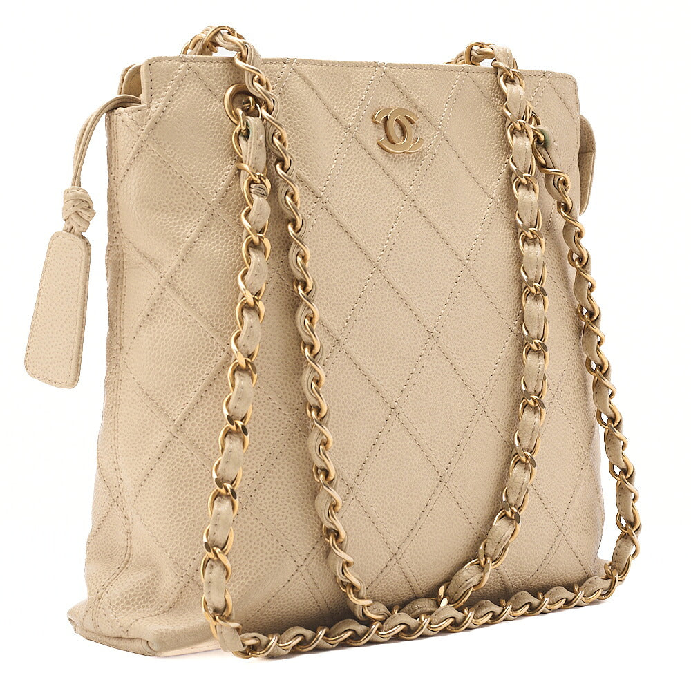 CHANEL Chanel Matelasse Plate Charm Chain Shoulder Caviar Skin Beige Gold-Tone Hardware, Pre-Owned