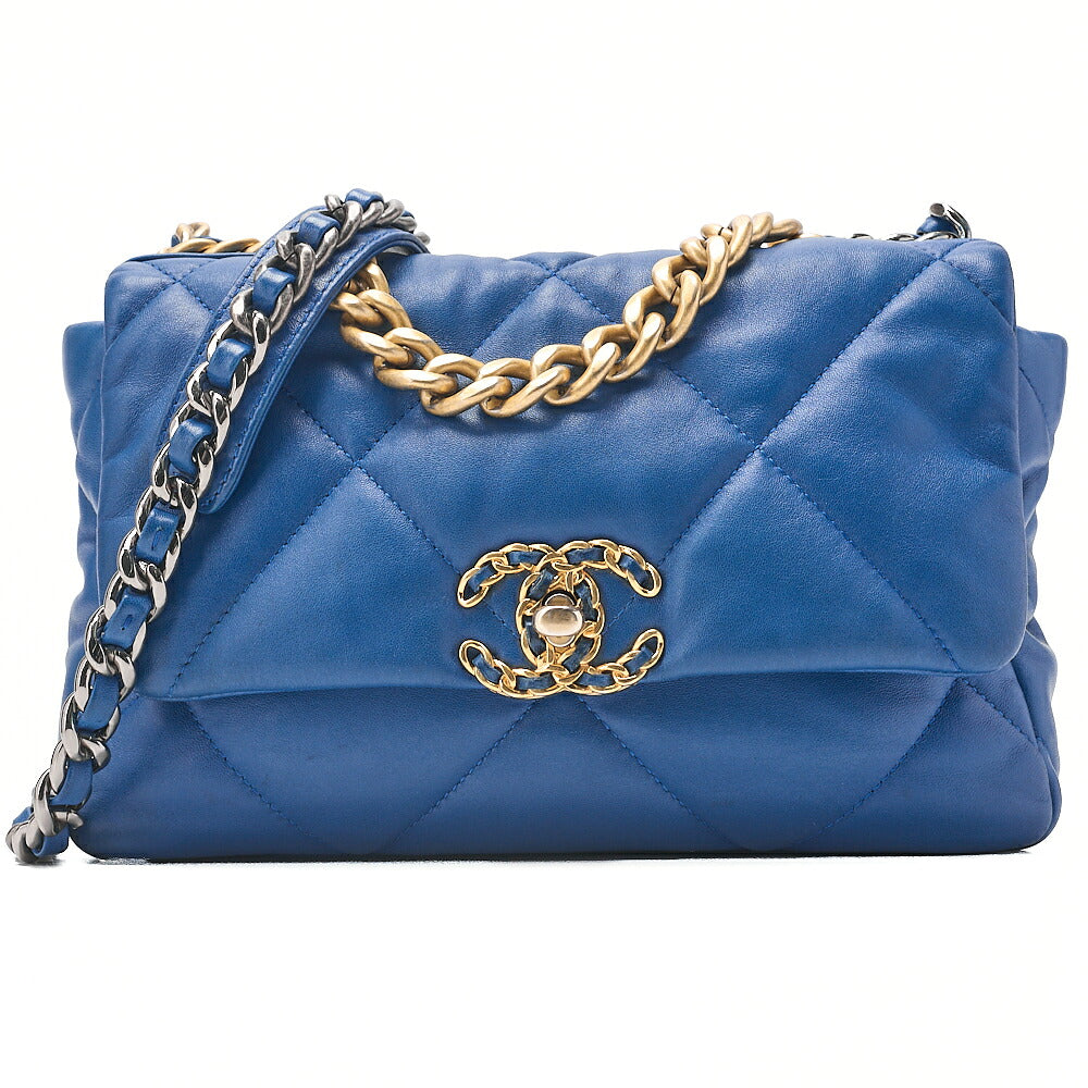 CHANEL Lambskin Matelasse CHANEL 19 2WAY Chain Shoulder Blue Gold x Silver-Tone Hardware, Pre-Owned