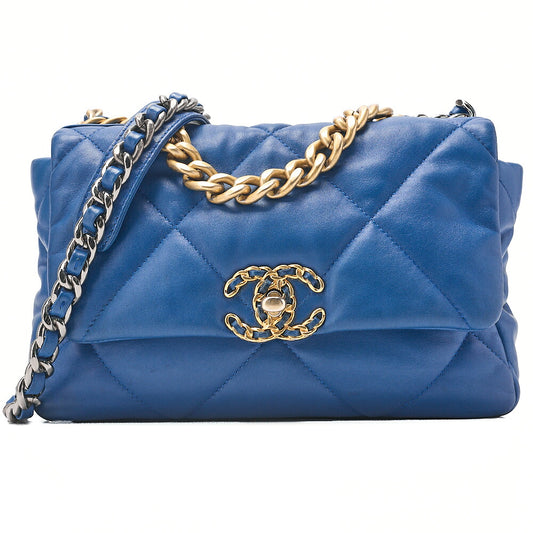 CHANEL Lambskin Matelasse CHANEL 19 2WAY Chain Shoulder Blue Gold x Silver-Tone Hardware, Pre-Owned