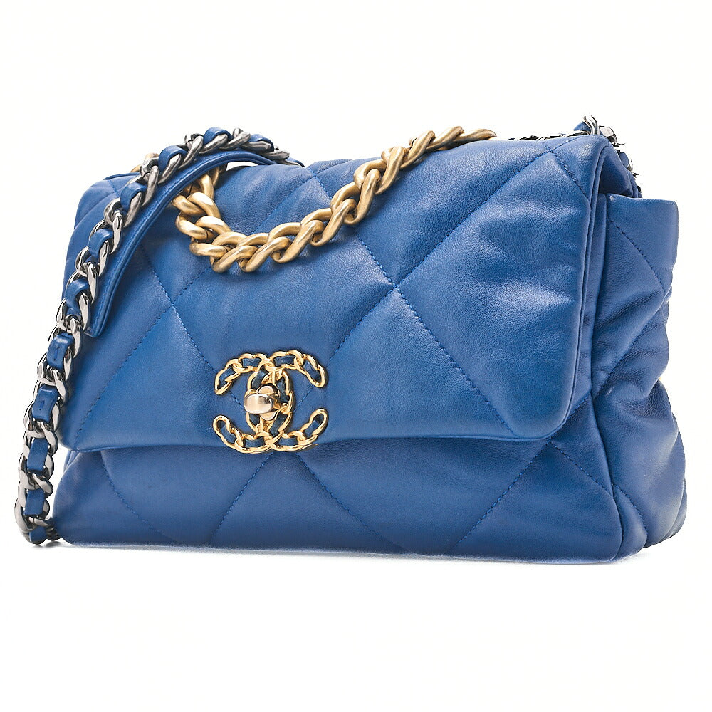 CHANEL Lambskin Matelasse CHANEL 19 2WAY Chain Shoulder Blue Gold x Silver-Tone Hardware, Pre-Owned