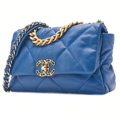 CHANEL Lambskin Matelasse CHANEL 19 2WAY Chain Shoulder Blue Gold x Silver-Tone Hardware, Pre-Owned