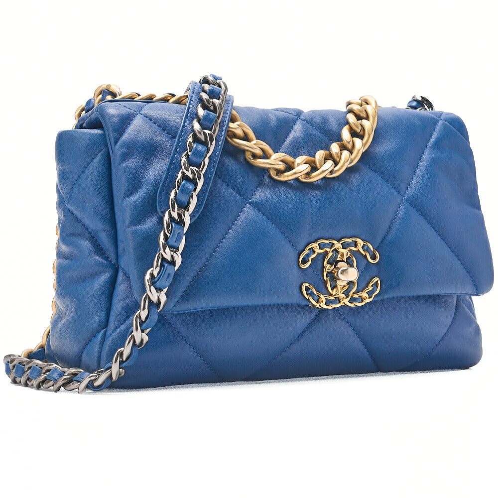 CHANEL Lambskin Matelasse CHANEL 19 2WAY Chain Shoulder Blue Gold x Silver-Tone Hardware, Pre-Owned