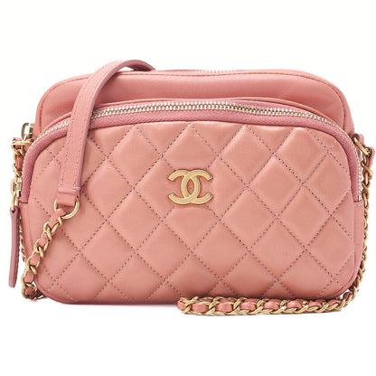 CHANEL Calfskin Matelasse Coco Mark Double Chain Shoulder Pink Beige Gold-Tone Hardware, Pre-Owned