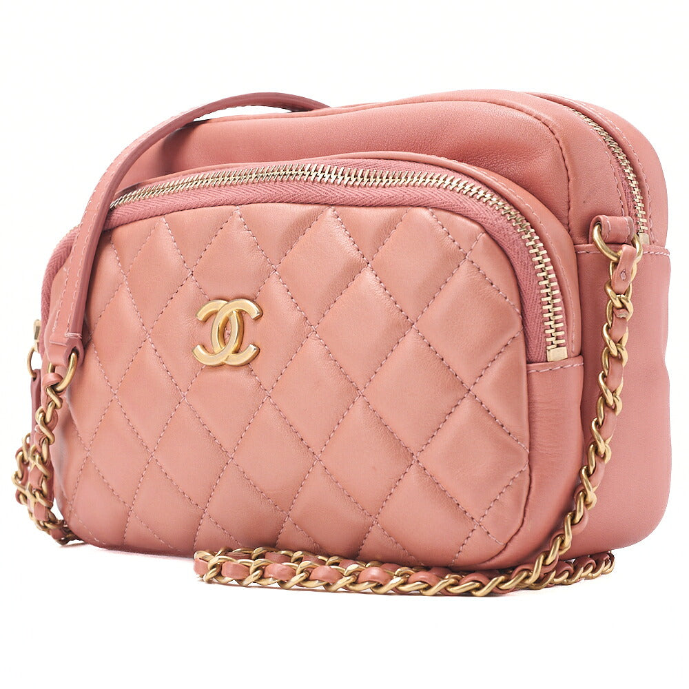 CHANEL Calfskin Matelasse Coco Mark Double Chain Shoulder Pink Beige Gold-Tone Hardware, Pre-Owned