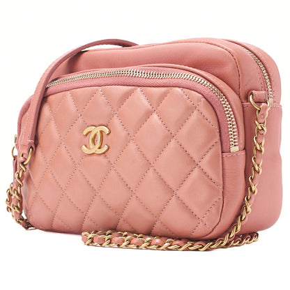 CHANEL Calfskin Matelasse Coco Mark Double Chain Shoulder Pink Beige Gold-Tone Hardware, Pre-Owned