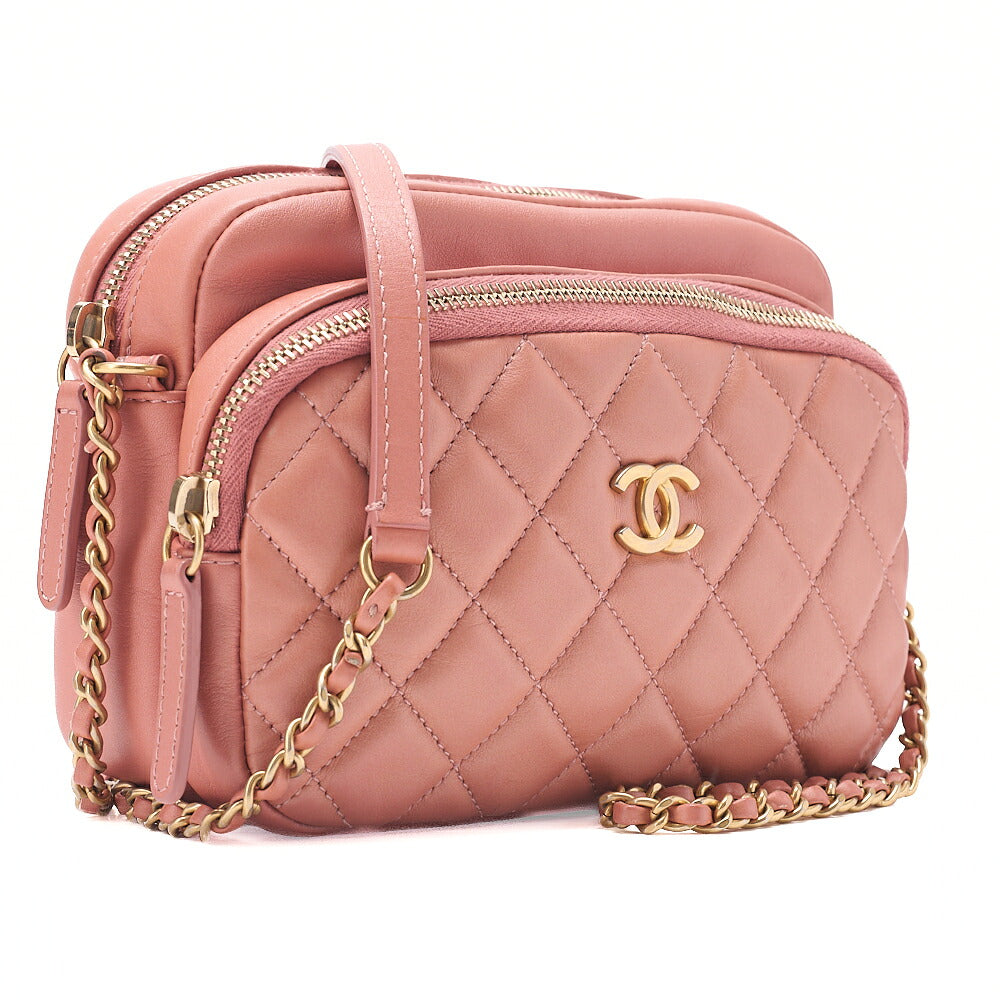 CHANEL Calfskin Matelasse Coco Mark Double Chain Shoulder Pink Beige Gold-Tone Hardware, Pre-Owned