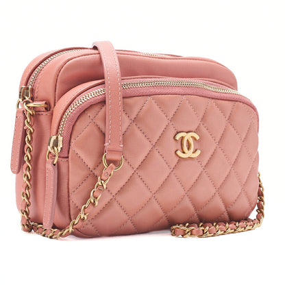 CHANEL Calfskin Matelasse Coco Mark Double Chain Shoulder Pink Beige Gold-Tone Hardware, Pre-Owned