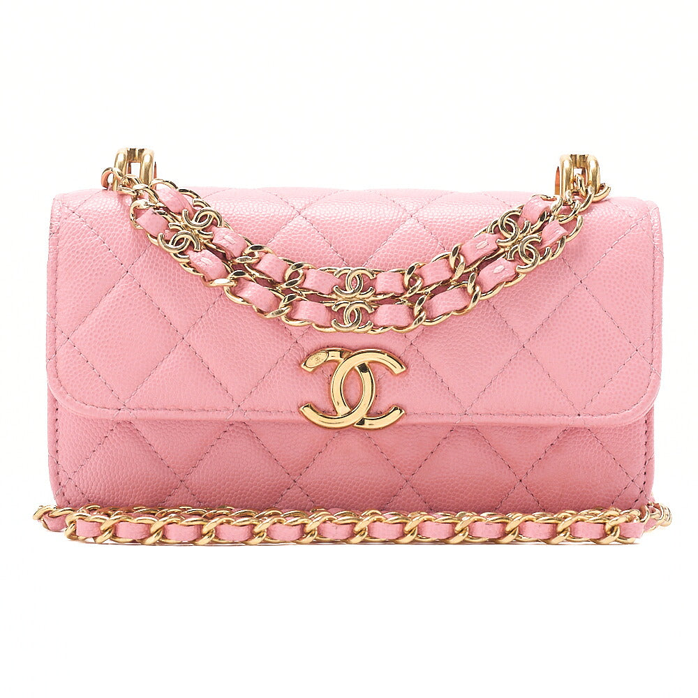 CHANEL Caviar Skin Matelasse Bicolole Chain Wallet Pink Gold-Tone Hardware, Pre-Owned