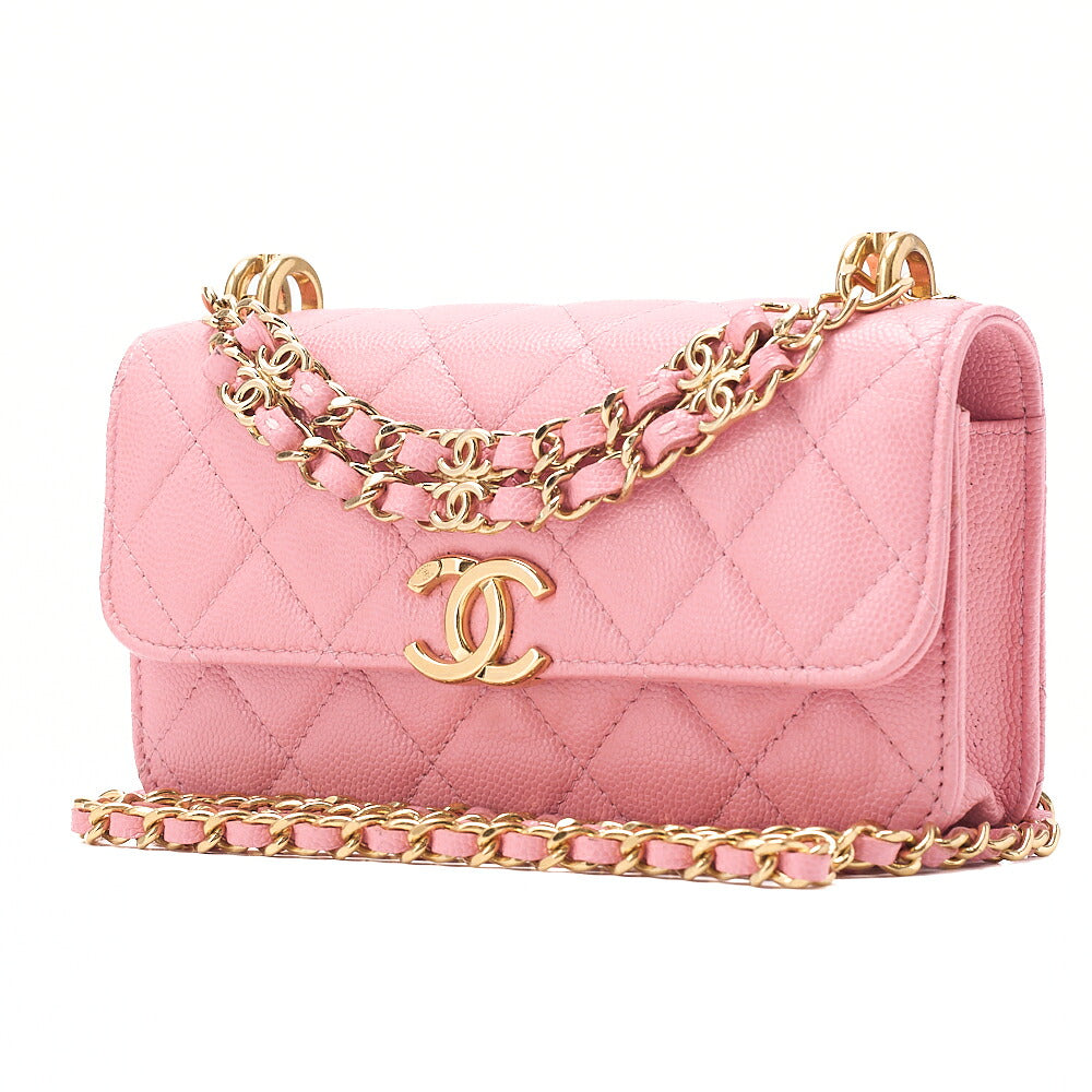 CHANEL Caviar Skin Matelasse Bicolole Chain Wallet Pink Gold-Tone Hardware, Pre-Owned