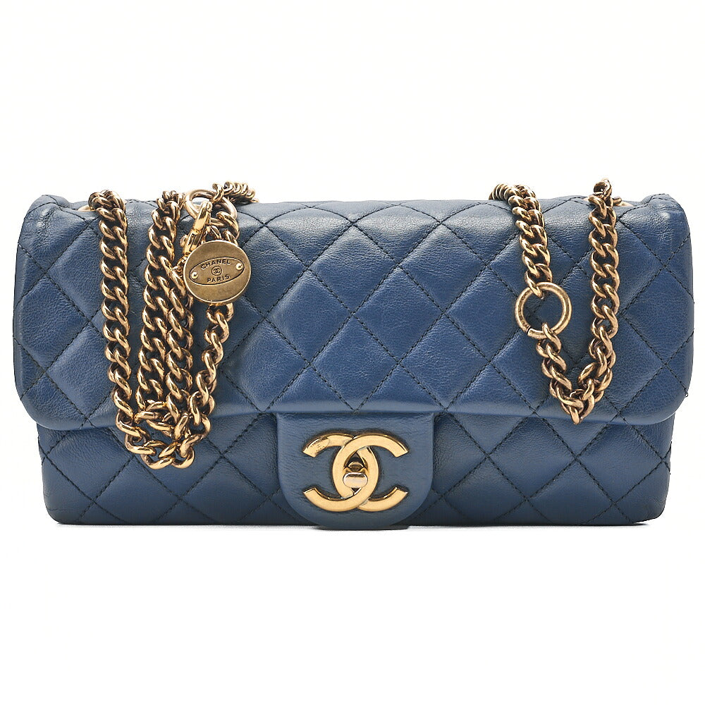 CHANEL Lambskin Matelasse Single Flap Chain Shoulder Bag Navy Gold-Tone Hardware, Pre-Owned