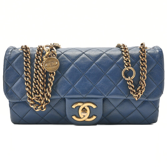 CHANEL Lambskin Matelasse Single Flap Chain Shoulder Bag Navy Gold-Tone Hardware, Pre-Owned