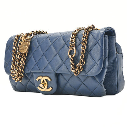CHANEL Lambskin Matelasse Single Flap Chain Shoulder Bag Navy Gold-Tone Hardware, Pre-Owned