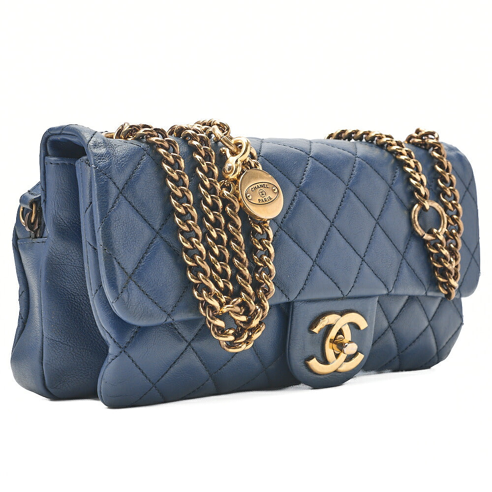 CHANEL Lambskin Matelasse Single Flap Chain Shoulder Bag Navy Gold-Tone Hardware, Pre-Owned