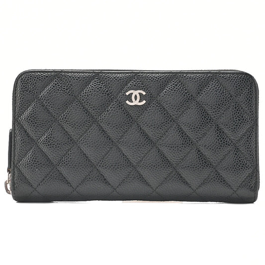 CHANEL Matelasse Round Long Wallet Caviar Skin Black Silver-Tone Hardware, Pre-Owned