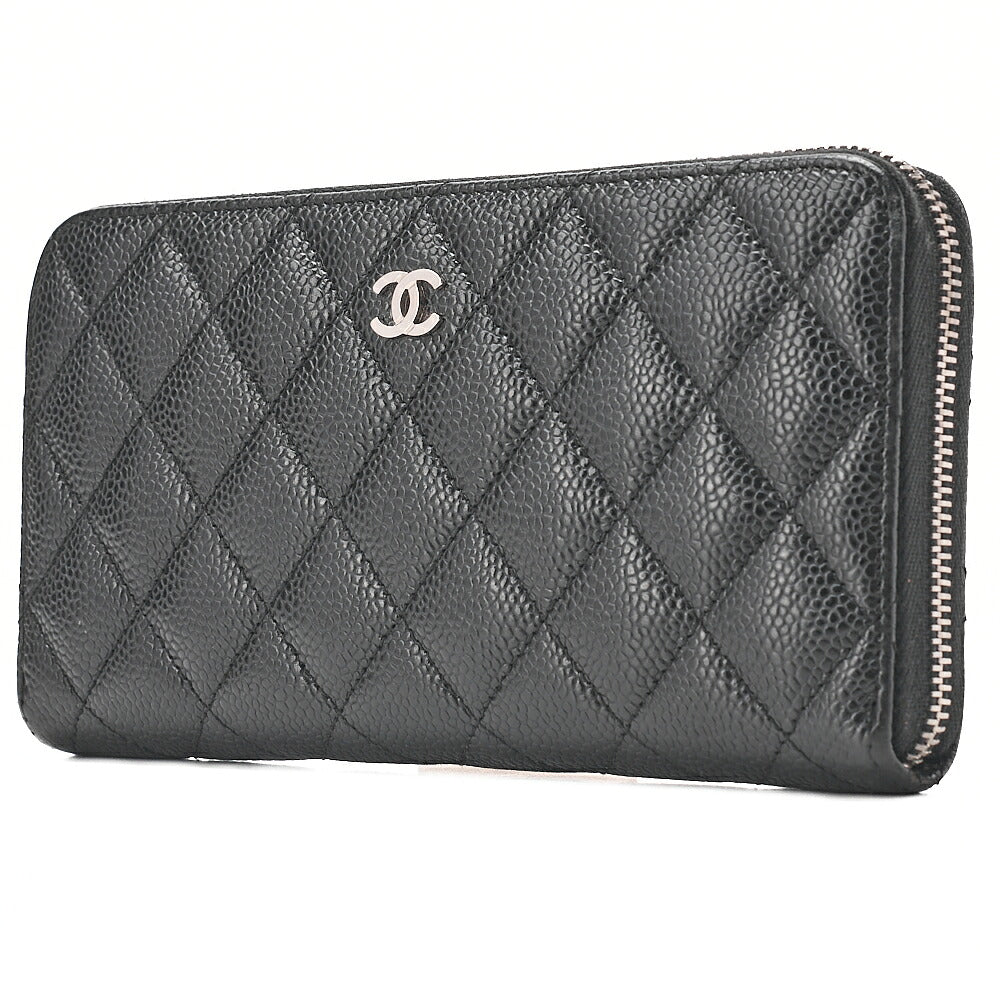 CHANEL Matelasse Round Long Wallet Caviar Skin Black Silver-Tone Hardware, Pre-Owned