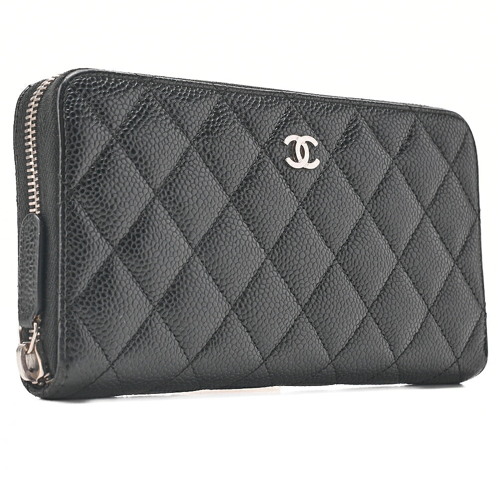 CHANEL Matelasse Round Long Wallet Caviar Skin Black Silver-Tone Hardware, Pre-Owned