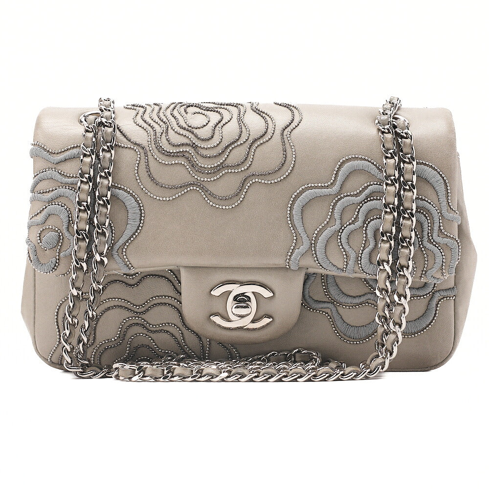 CHANEL Lambskin Camellia X Beazzuff Single Flap Chain Shoulder Bag Gray Silver-Tone Hardware, Pre-Owned