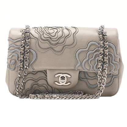 CHANEL Lambskin Camellia X Beazzuff Single Flap Chain Shoulder Bag Gray Silver-Tone Hardware, Pre-Owned