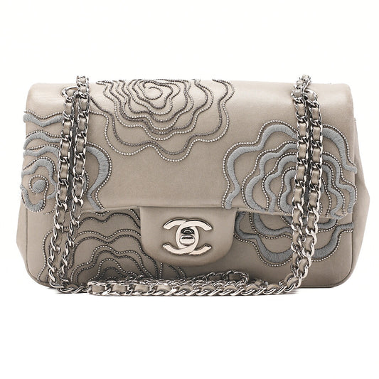 CHANEL Lambskin Camellia X Beazzuff Single Flap Chain Shoulder Bag Gray Silver-Tone Hardware, Pre-Owned