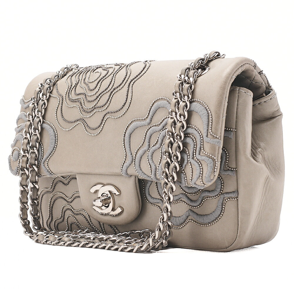 CHANEL Lambskin Camellia X Beazzuff Single Flap Chain Shoulder Bag Gray Silver-Tone Hardware, Pre-Owned