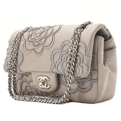 CHANEL Lambskin Camellia X Beazzuff Single Flap Chain Shoulder Bag Gray Silver-Tone Hardware, Pre-Owned