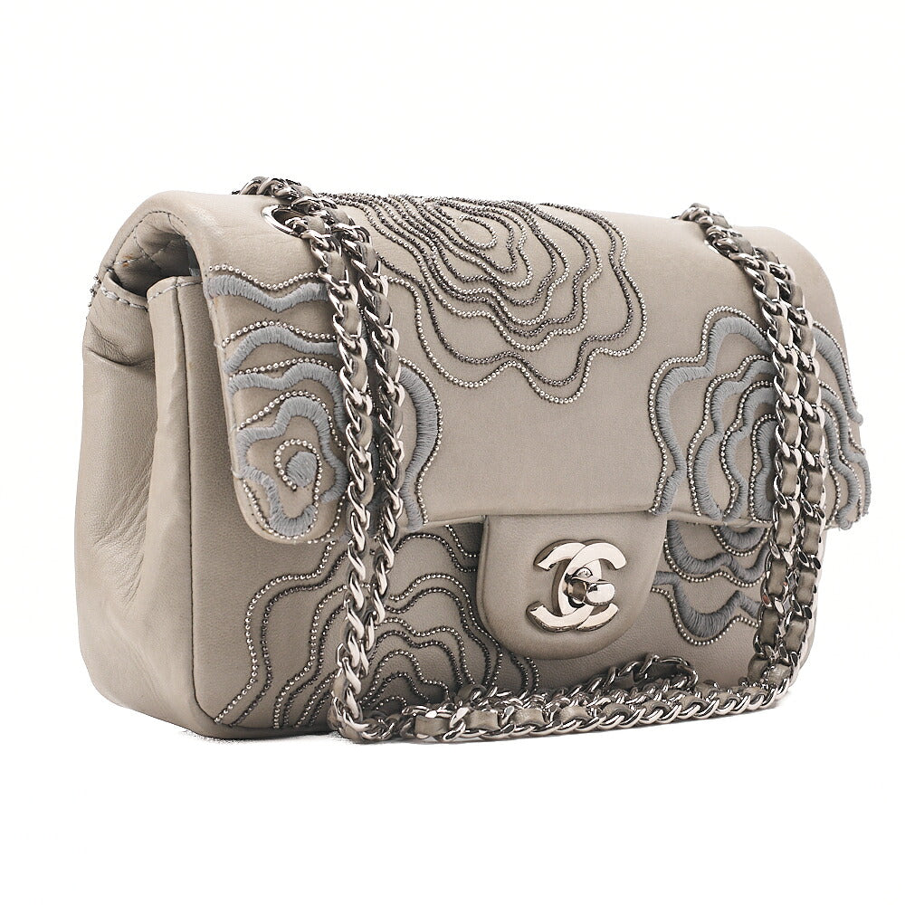 CHANEL Lambskin Camellia X Beazzuff Single Flap Chain Shoulder Bag Gray Silver-Tone Hardware, Pre-Owned