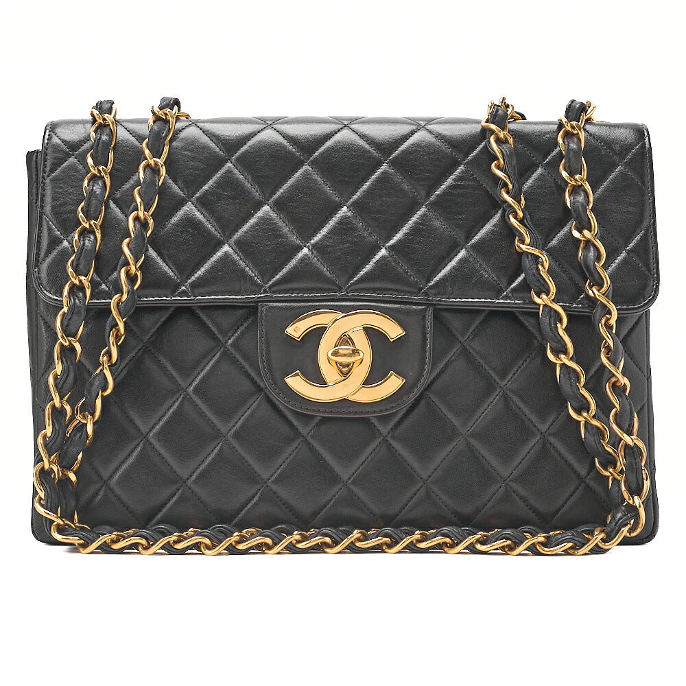 CHANEL Deka Matelasse 30 Single Chain Shoulder Bag Lambskin Black Gold-Tone Hardware, Pre-Owned