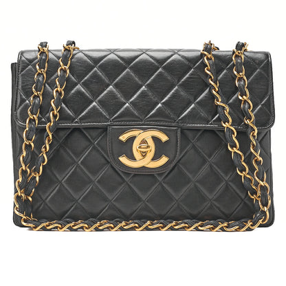 CHANEL Deka Matelasse 30 Single Chain Shoulder Bag Lambskin Black Gold-Tone Hardware, Pre-Owned