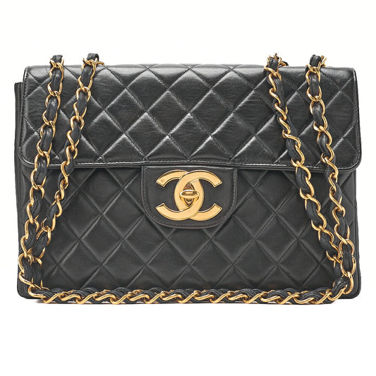 CHANEL Deka Matelasse 30 Single Chain Shoulder Bag Lambskin Black Gold-Tone Hardware, Pre-Owned