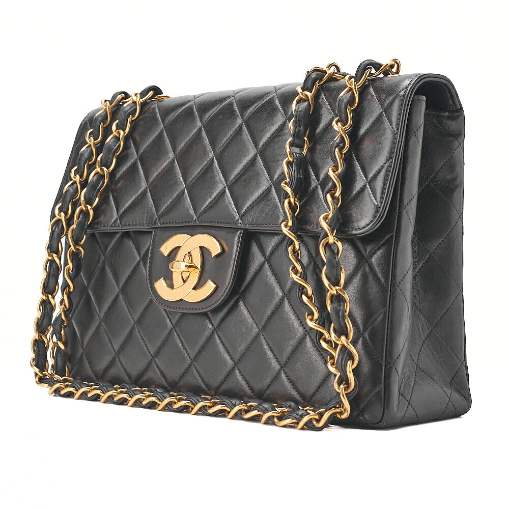 CHANEL Deka Matelasse 30 Single Chain Shoulder Bag Lambskin Black Gold-Tone Hardware, Pre-Owned