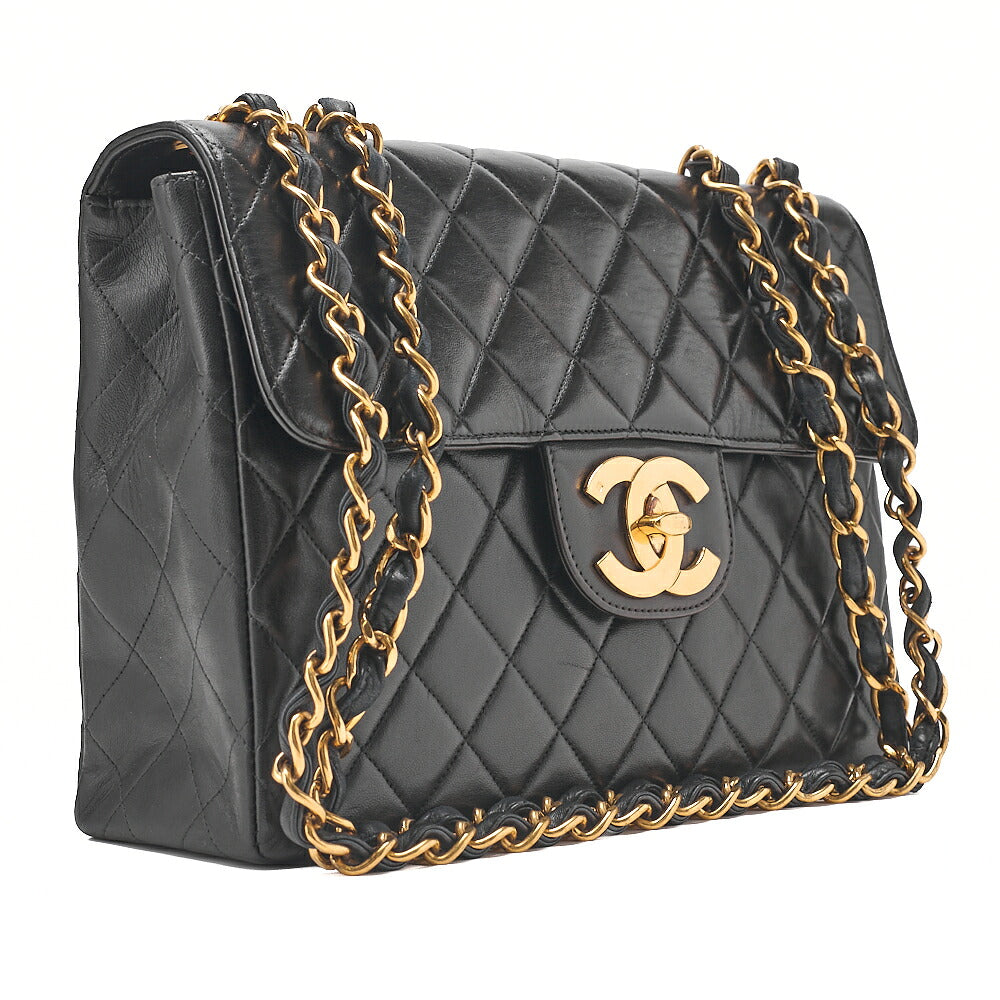 CHANEL Deka Matelasse 30 Single Chain Shoulder Bag Lambskin Black Gold-Tone Hardware, Pre-Owned