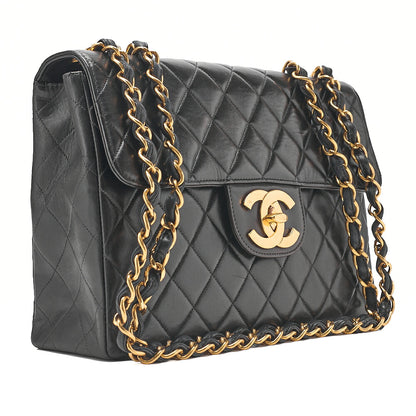 CHANEL Deka Matelasse 30 Single Chain Shoulder Bag Lambskin Black Gold-Tone Hardware, Pre-Owned