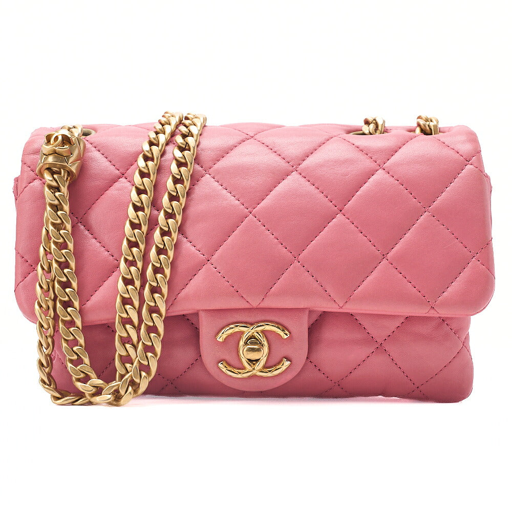 CHANEL Lambskin Matelasse Single Flap Chain Shoulder Bag Ping Gold-Tone Hardware, Pre-Owned