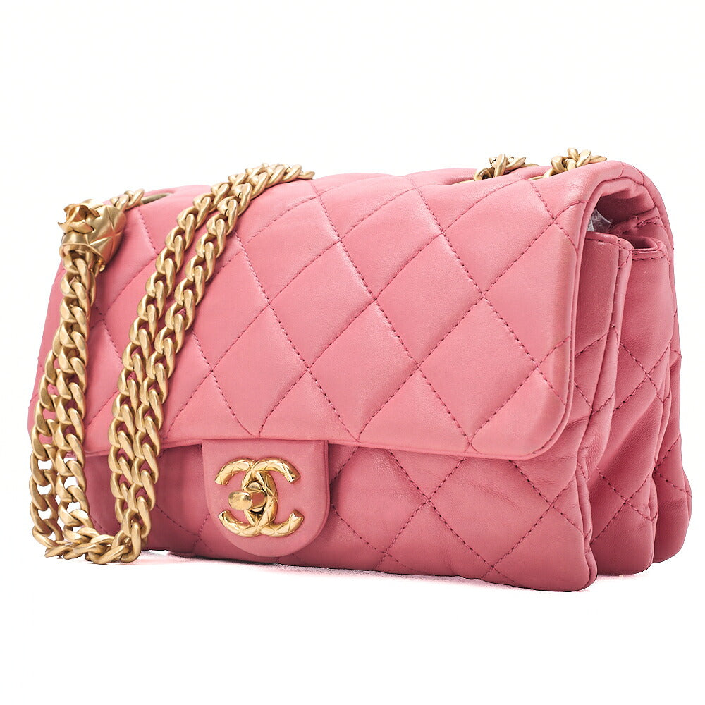 CHANEL Lambskin Matelasse Single Flap Chain Shoulder Bag Ping Gold-Tone Hardware, Pre-Owned