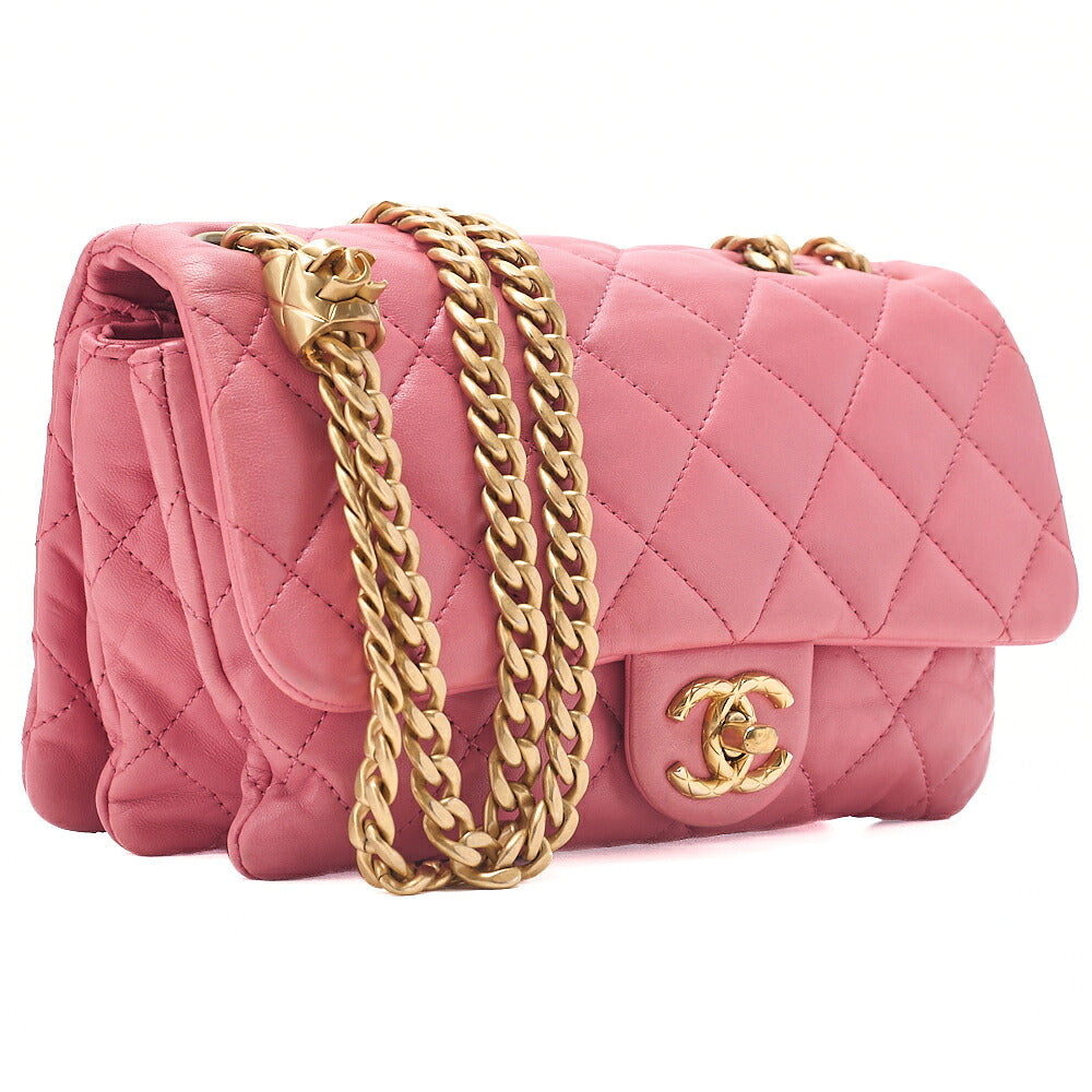 CHANEL Lambskin Matelasse Single Flap Chain Shoulder Bag Ping Gold-Tone Hardware, Pre-Owned
