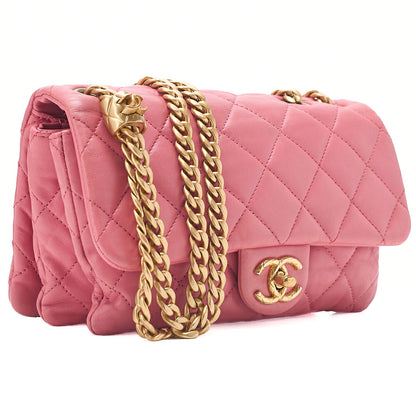 CHANEL Lambskin Matelasse Single Flap Chain Shoulder Bag Ping Gold-Tone Hardware, Pre-Owned