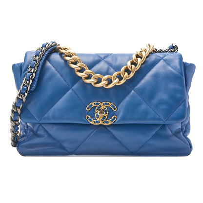 CHANEL Lambskin Matelasse CHANEL 19 2WAY Chain Shoulder Blue Gold x Silver-Tone Hardware, Pre-Owned