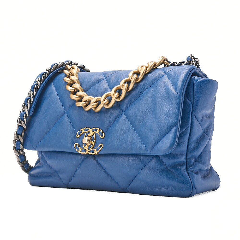 CHANEL Lambskin Matelasse CHANEL 19 2WAY Chain Shoulder Blue Gold x Silver-Tone Hardware, Pre-Owned