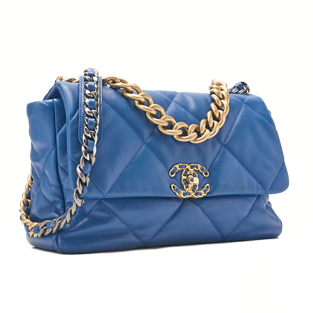 CHANEL Lambskin Matelasse CHANEL 19 2WAY Chain Shoulder Blue Gold x Silver-Tone Hardware, Pre-Owned