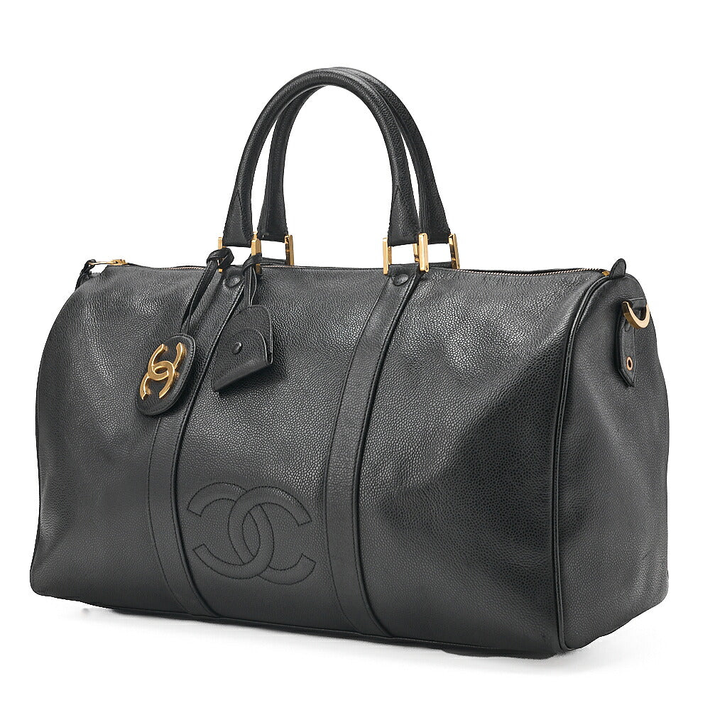 CHANEL Handbag Boston Bag Caviar Skin Coco Mark Black Gold-Tone Hardware, Pre-Owned