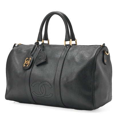 CHANEL Handbag Boston Bag Caviar Skin Coco Mark Black Gold-Tone Hardware, Pre-Owned