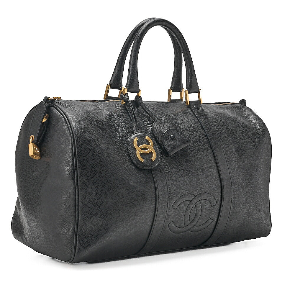 CHANEL Handbag Boston Bag Caviar Skin Coco Mark Black Gold-Tone Hardware, Pre-Owned