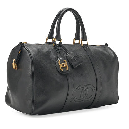 CHANEL Handbag Boston Bag Caviar Skin Coco Mark Black Gold-Tone Hardware, Pre-Owned