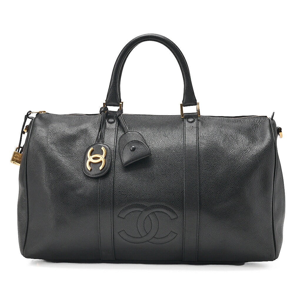 CHANEL Handbag Boston Bag Caviar Skin Coco Mark Black Gold-Tone Hardware, Pre-Owned
