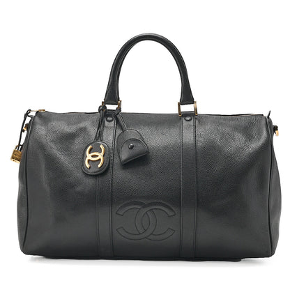 CHANEL Handbag Boston Bag Caviar Skin Coco Mark Black Gold-Tone Hardware, Pre-Owned