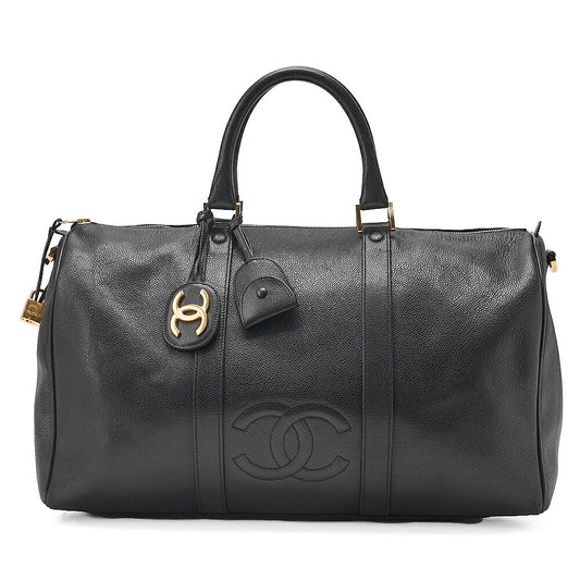 CHANEL Handbag Boston Bag Caviar Skin Coco Mark Black Gold-Tone Hardware, Pre-Owned