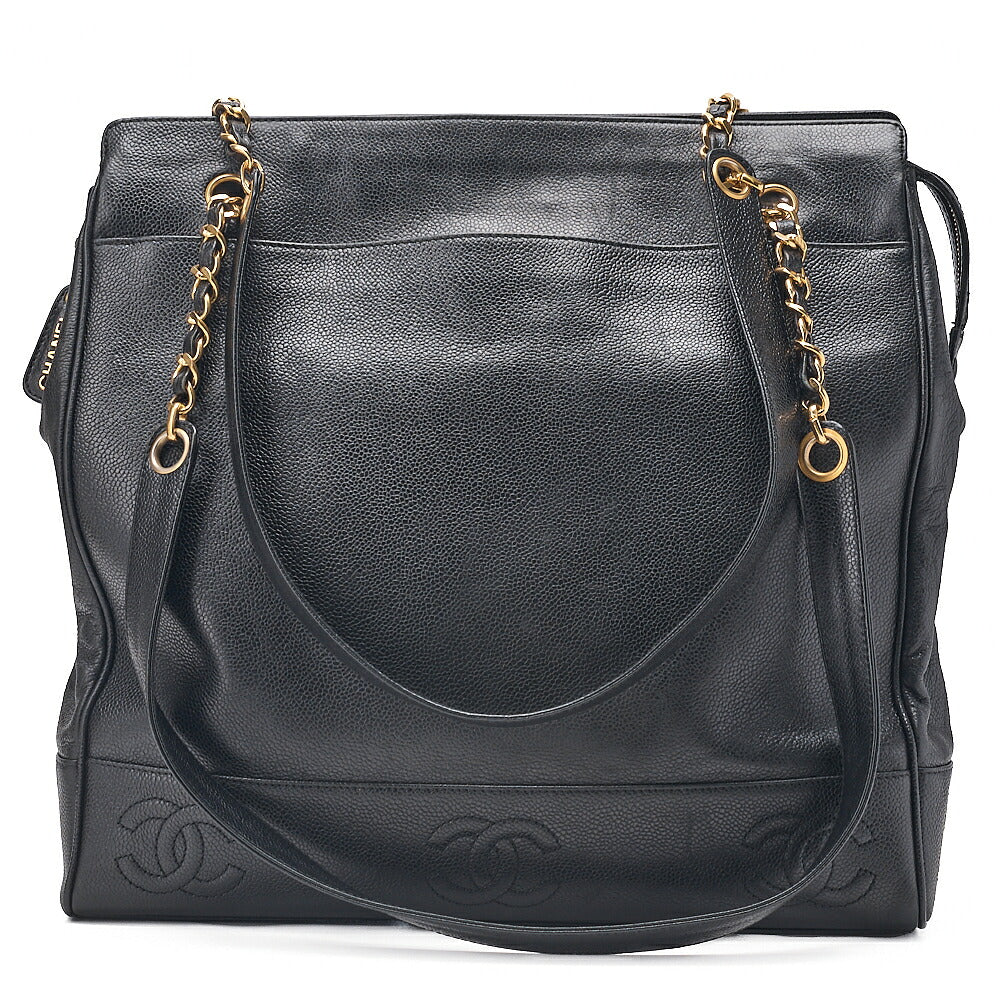 CHANEL Triple Coco Caviar Skin Double Chain Tote Bag with Plate Charm Black Gold-Tone Hardware, Pre-Owned