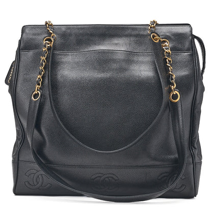 CHANEL Triple Coco Caviar Skin Double Chain Tote Bag with Plate Charm Black Gold-Tone Hardware, Pre-Owned